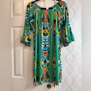 MSK medium polyester bright colored dress with trumpet sleeves